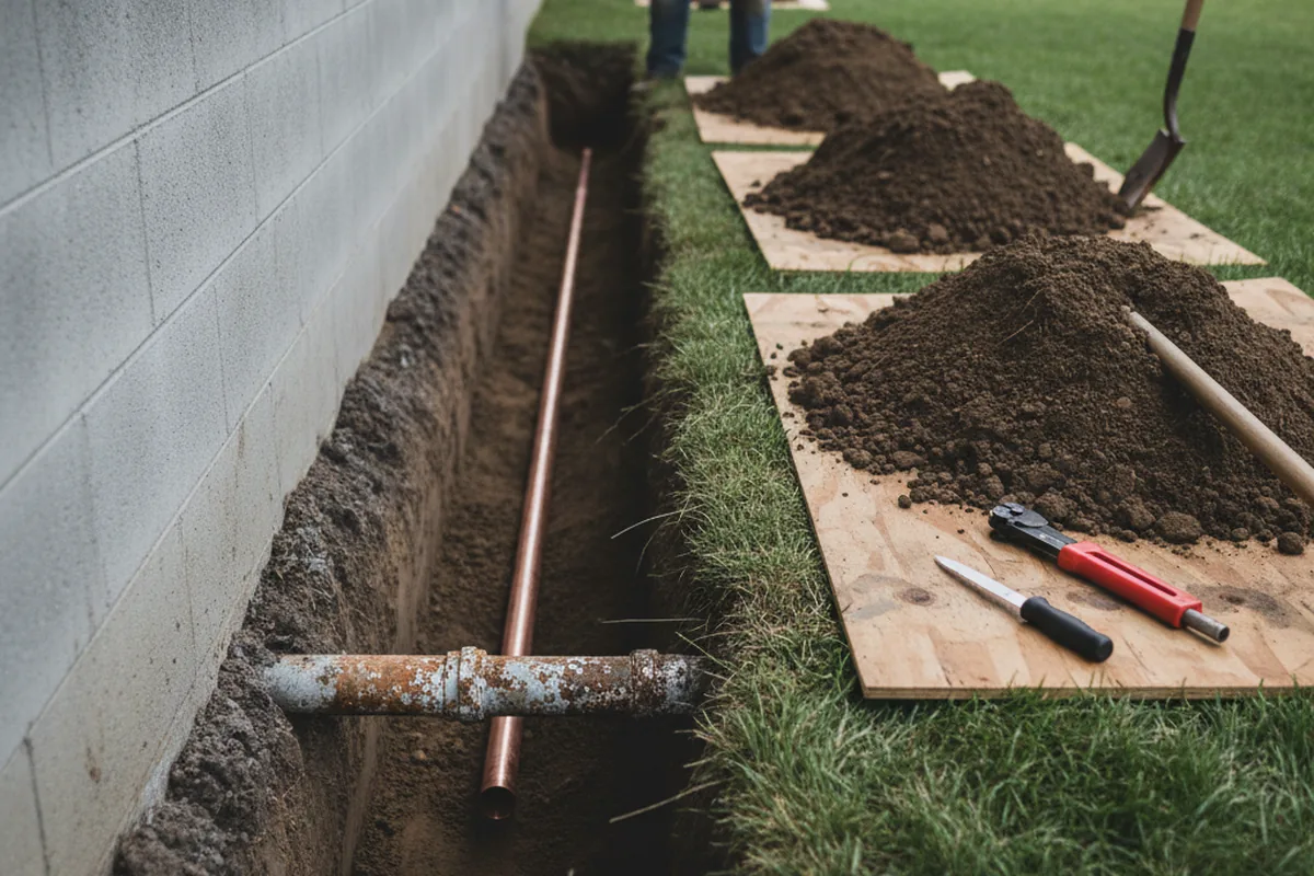 Excavated water line trench during Water Heater Repair in Woodmere
